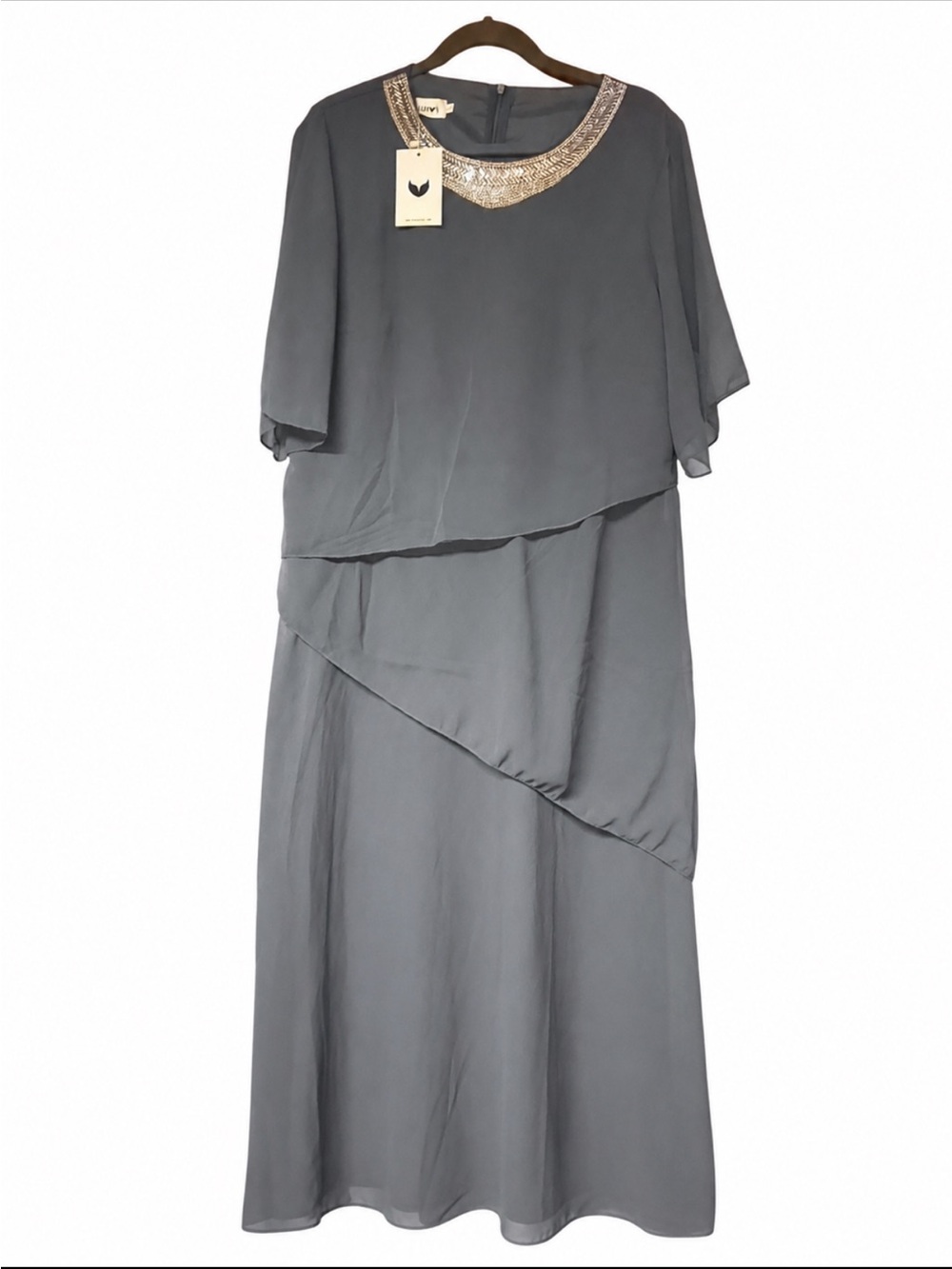 Elegant Gray Layered Evening Dress with Embellished Neckline